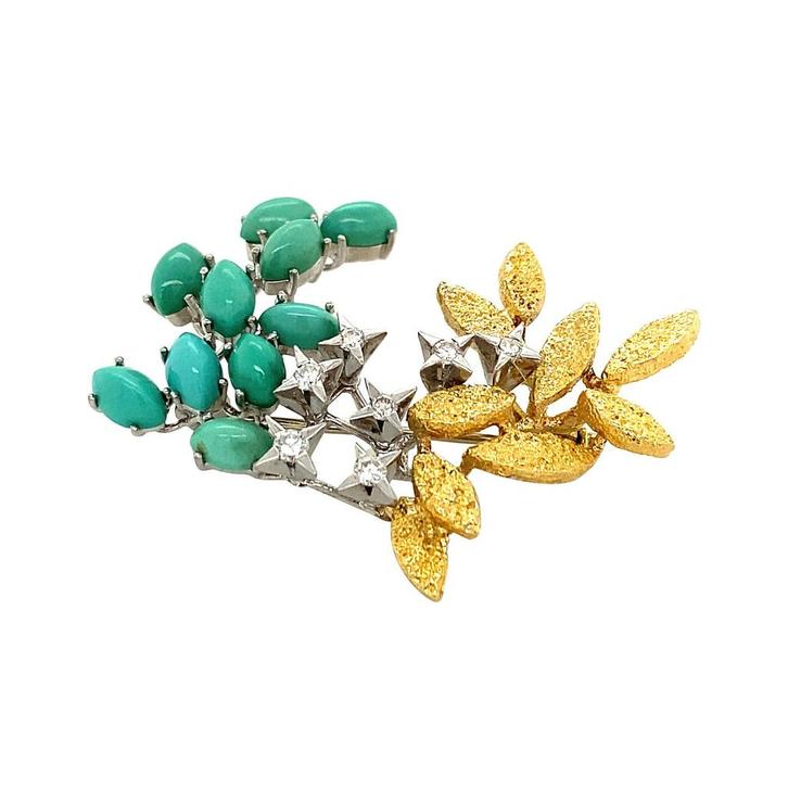 Gouden broche met turkoois en diamant 18 krt, Sieraden, Tassen en Uiterlijk, Broches, Nieuw, Ophalen of Verzenden