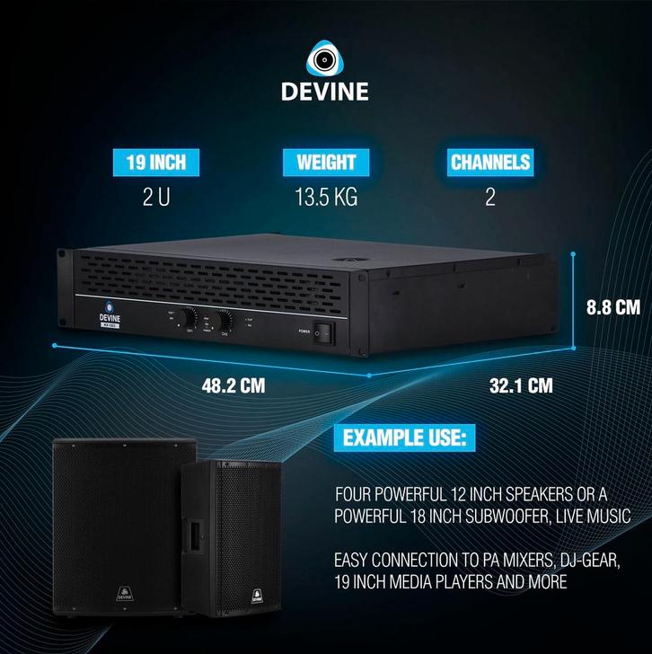 Devine MX-1000 2-kanaals PA-eindversterker 2x 500W @ 8 Ohm, Auto diversen, Autospeakers, Verzenden