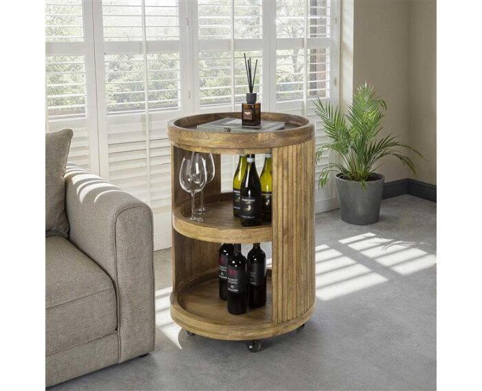 Wijntrolley Wave – Rond Mangohout Zandkleur - afneembaar, Huis en Inrichting, Tafels | Bijzettafels, Nieuw, Ophalen of Verzenden