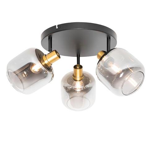 Plafondspot zwart met goud met smoke glas 3-lichts - Zuzanna, Huis en Inrichting, Lampen | Spots, Nieuw, Glas