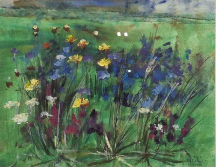 Aquarel, Maya Wildevuur (1944-2023), Bloemenveld, 1991, Huis en Inrichting, Woonaccessoires | Schilderijen, Tekeningen en Foto's