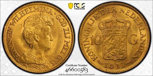 Gouden Wilhelmina 10 gulden 1917 MS65 gecertificeerd PCGS, Postzegels en Munten, Munten | Nederland, Losse munt, 10 gulden, Koningin Wilhelmina