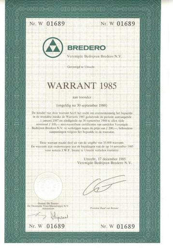 Verenigde  Bedrijven Bredero: warrant uit 1985 beschikbaar voor biedingen