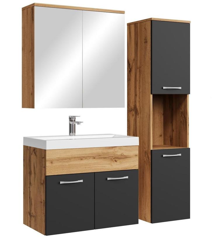 Badkamermeubel Set Montreal 60 cm Eiken Zwart Mat Badmeubel, Huis en Inrichting, Badkamer | Badkamermeubels, Nieuw, Wastafelkast