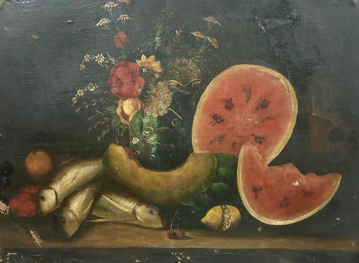 Italiaanse school (XIX) - Bodegón con flores, frutas y peces, Antiek en Kunst, Kunst | Schilderijen | Klassiek