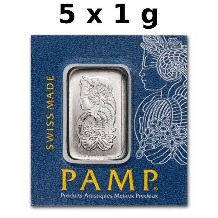 5 gram - Platina .999 - 5 x 1g PAMP Suisse Lady Fortuna, Postzegels en Munten, Edelmetalen en Baren