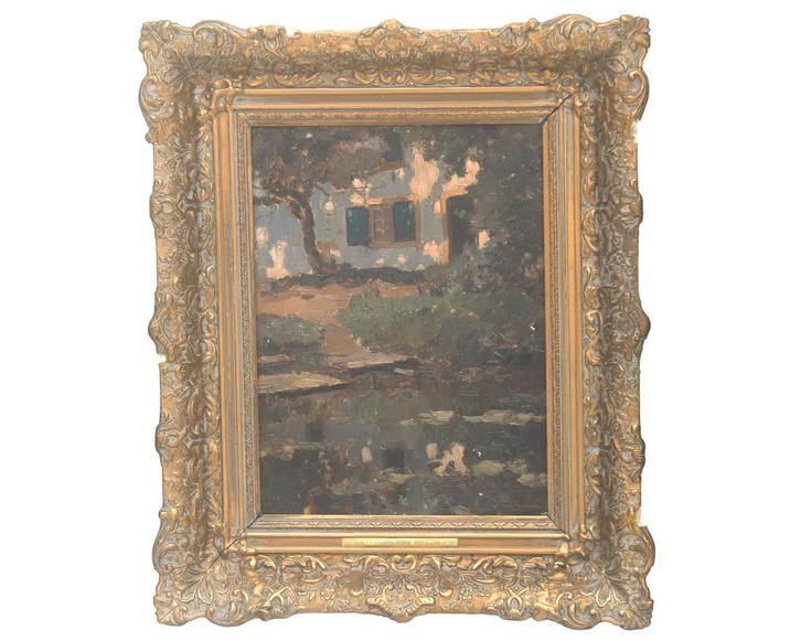 Aris Knikker (1877-1962) Huis bomen weerspiegeling in water, Antiek en Kunst, Kunst | Schilderijen | Klassiek