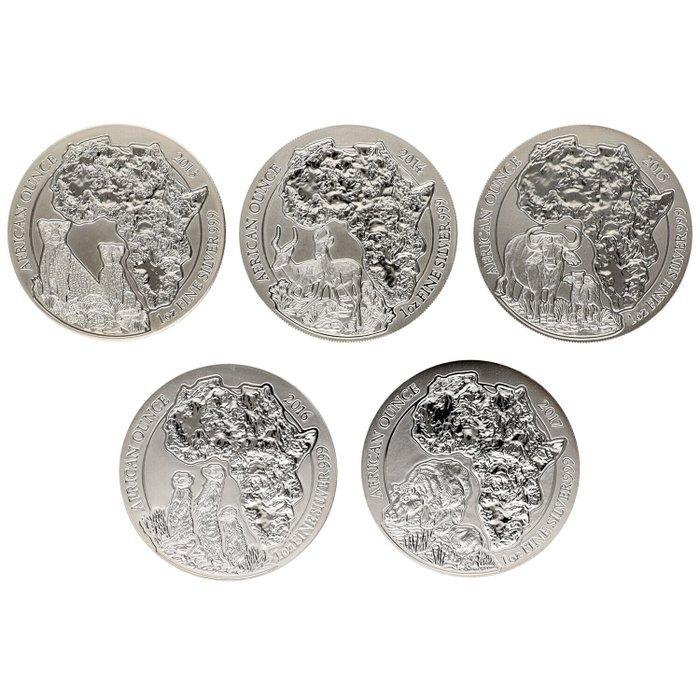 Rwanda. 50 Frank 2013/2017 - African Ounce Coins (5 stuks), Postzegels en Munten, Munten | Europa | Niet-Euromunten