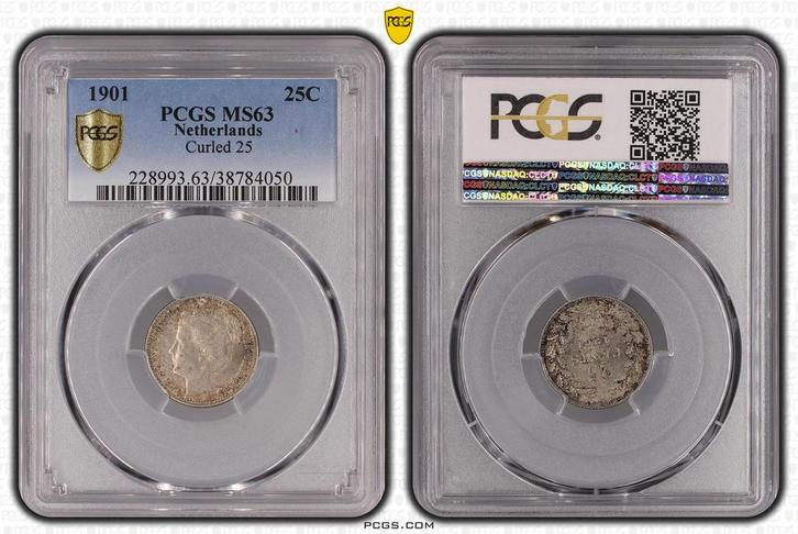 Koningin Wilhelmina 25 cent 1901 Brede Hals MS63, Postzegels en Munten, Munten | Nederland, Losse munt, 25 cent, Koningin Wilhelmina
