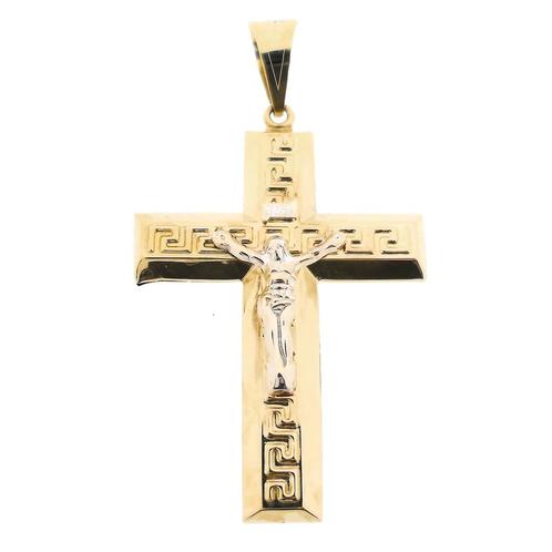 Bicolor gouden hanger van een groot kruis met corpus INRI, Sieraden, Tassen en Uiterlijk, Bedels, Gebruikt, Overige merken, Goud