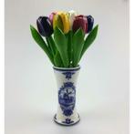 Boeket van 9 houten tulpjes 20 cm in delftsblauw vaasje, Verzenden, Nieuw