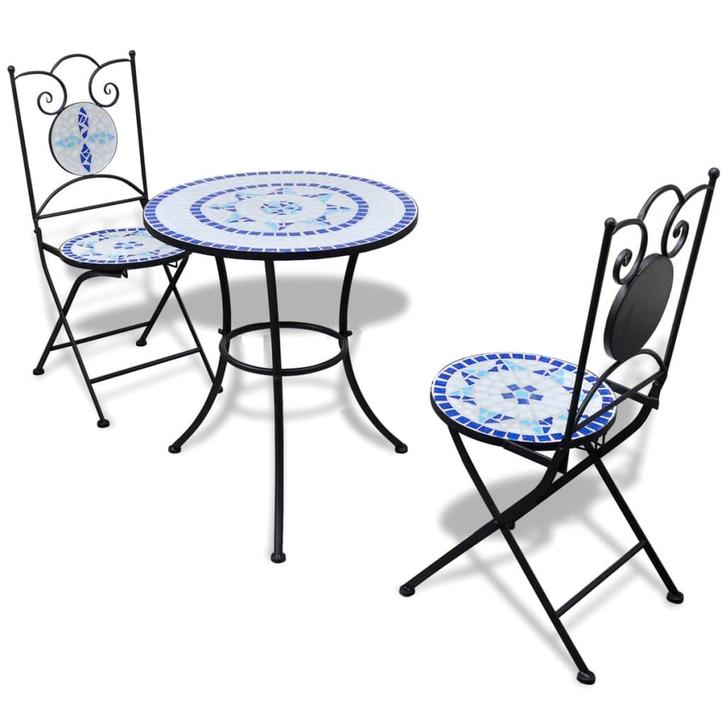 vidaXL 3-delige Bistroset keramische tegel blauw en wit, Tuin en Terras, Tuinsets en Loungesets, Nieuw, 3 zitplaatsen, Overige materialen