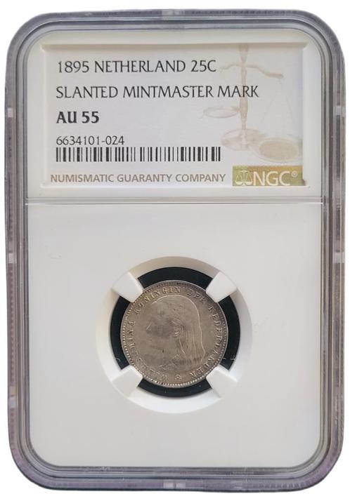 Koningin Wilhelmina 25 cent 1895 Slanted Mintmaster mark, Postzegels en Munten, Munten | Nederland, Losse munt, 25 cent, Koningin Wilhelmina