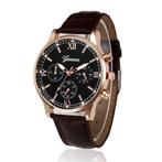 Luxe Heren Horloge - Kwarts Uurwerk Leren Bandje Rose Gold, Verzenden, Nieuw, Geneva
