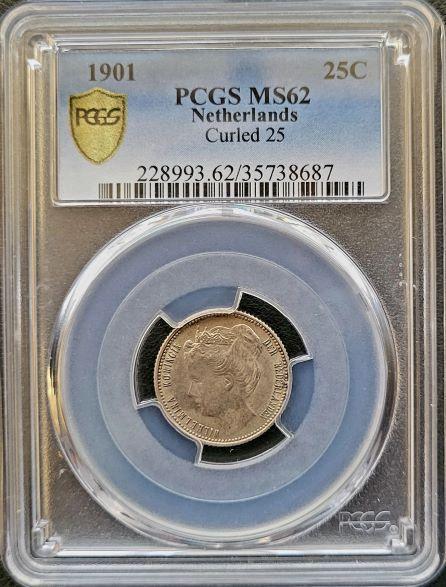 Koningin Wilhelmina 25 cent 1901 Brede Hals PCGS MS62, Postzegels en Munten, Munten | Nederland, Losse munt, 25 cent, Koningin Wilhelmina