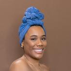Demin blauw hoofddoek - Headwrap van stretchy Jersey stof, Kleding | Dames, Ophalen of Verzenden, Nieuw