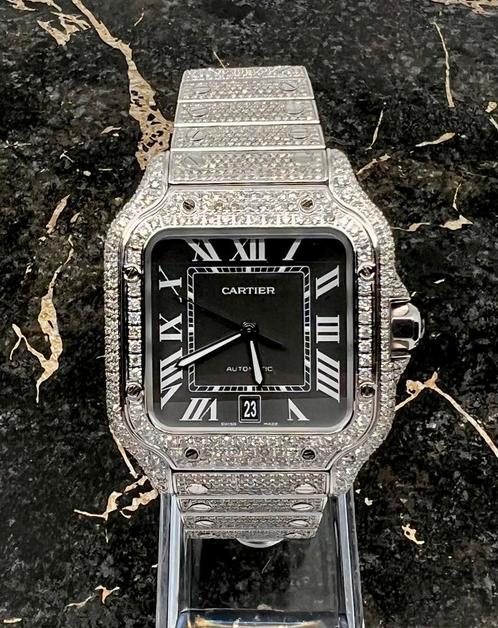 Cartier Santos - Black Dial - Large- Iced Out - Diamonds, Sieraden, Tassen en Uiterlijk, Horloges | Heren