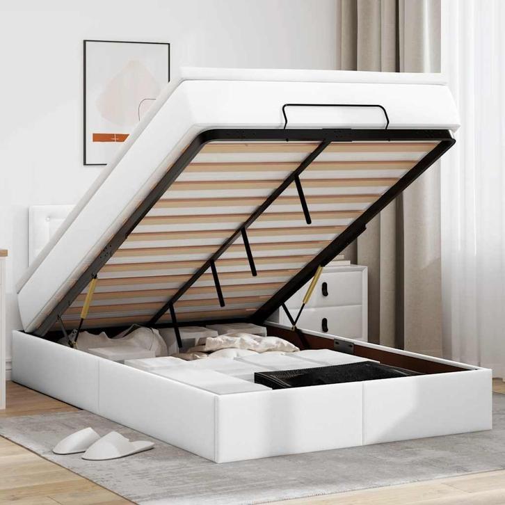 vidaXL Bed poef met matrassen en LEDs 120x190cm kunstleer, Huis en Inrichting, Slaapkamer | Bedden, 120 cm, 190 cm of minder, Wit