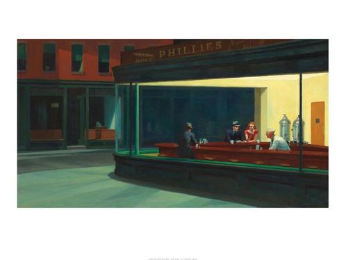 Kunstdruk Edward Hopper - Nighthawks 80x60cm, Huis en Inrichting, Woonaccessoires | Schilderijen, Tekeningen en Foto's, Nieuw