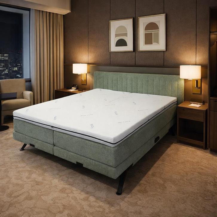 Puzzzel Boxspring Flow 180x200 + Aanpasbaar Topmatras, Huis en Inrichting, Slaapkamer | Boxsprings, Groen, Nieuw, Verzenden