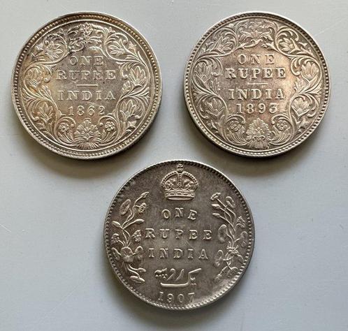 Brits India. 1 Rupee 1862, 1893, 1907/ Lot of 3 (Zonder, Postzegels en Munten, Munten | Europa | Niet-Euromunten