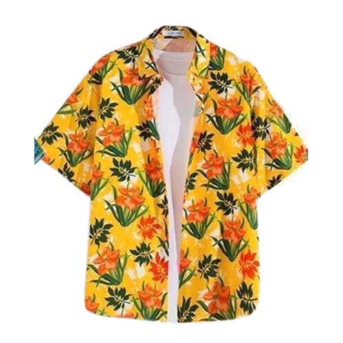 Hawaii Party Blouse – Geel met Oranje Bloemen – - Maat L, Kleding | Heren, Carnavalskleding en Feestkleding, Nieuw, Maat 52/54 (L)