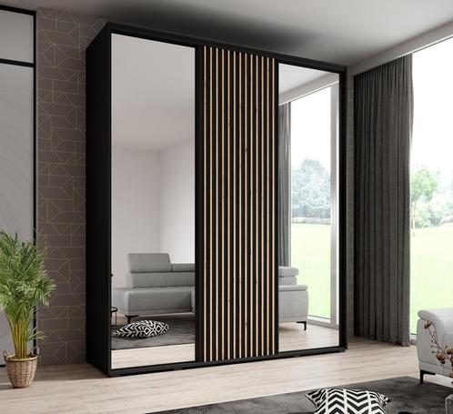 Kledingkast 200cm Zwart - Spiegels - Latjes - Garderobekast, Huis en Inrichting, Kasten | Vitrinekasten, 50 tot 75 cm, Nieuw, 200 cm of meer