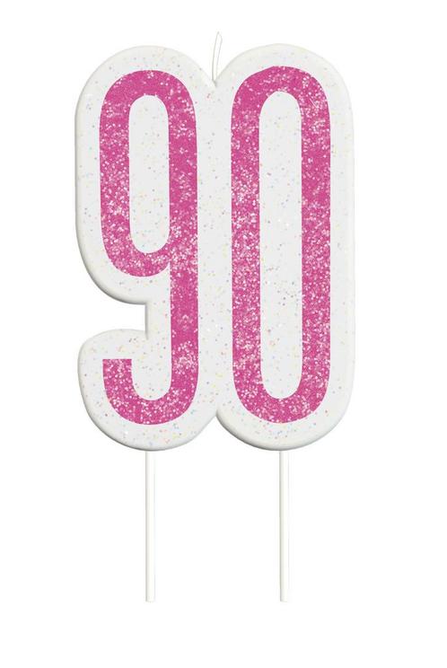 Kaars 90 Jaar Glitter Roze 8,5cm, Hobby en Vrije tijd, Feestartikelen, Nieuw, Verzenden