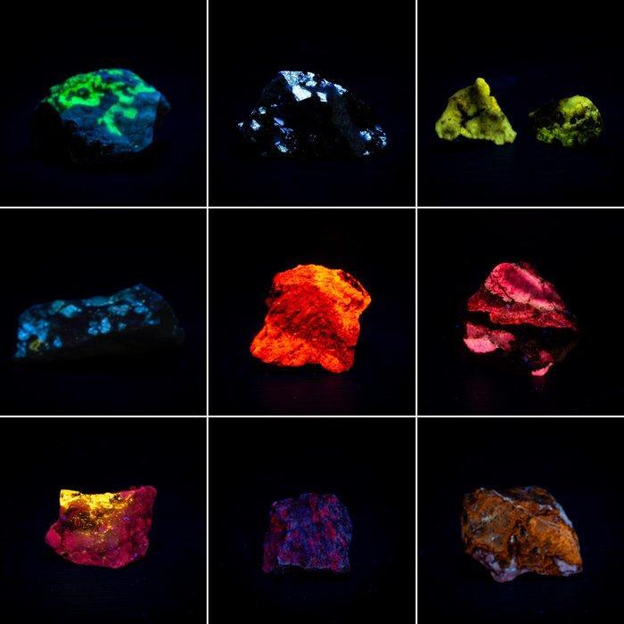 9 Fluorescerende mineralen SW + LW Calciet Hyalite, Verzamelen, Mineralen en Fossielen