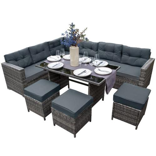 Rattan Hoekdinerset Tuinmeubilair Grijs 9-Persoons L-Vormige, Tuin en Terras, Tuinsets en Loungesets, Verzenden