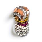 Broche Art Deco 18k gouden diamanten Rubys horlogebroche