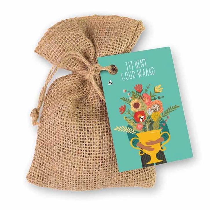Blossombs Giftzakje Jute - Jij bent goud waard - 8x Bloemzaa, Tuin en Terras, Bloembollen en Zaden, Ophalen of Verzenden