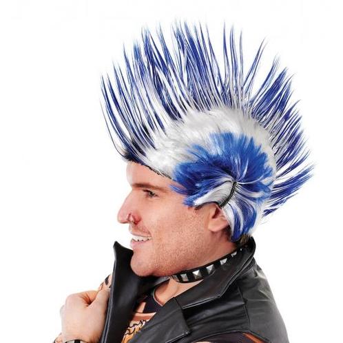 Punker pruik hanekam blauw-wit - Herenpruiken, Hobby en Vrije tijd, Feestartikelen, Ophalen of Verzenden