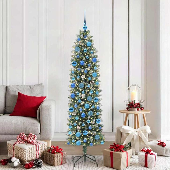 vidaXL Kunstmatige slanke kerstboom met 300 LED Groen en wit, Diversen, Kerst, Nieuw, Verzenden