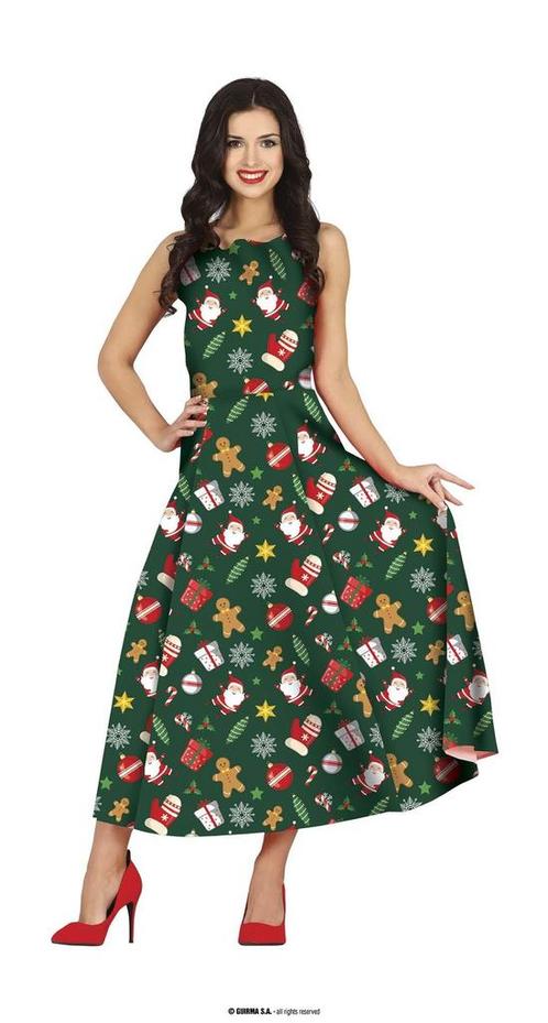Kerstjurk Lang Groen Met X-Mas prints, Kleding | Dames, Carnavalskleding en Feestkleding, Nieuw, Ophalen of Verzenden