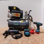 Compressor, haakse slijper en accuboormachine