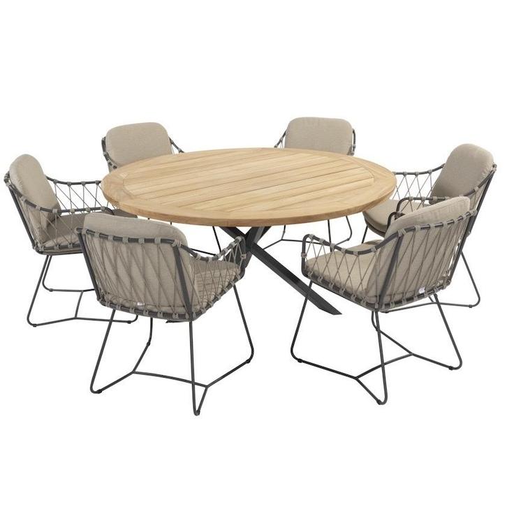 Prego Prado dining tuinset 160 cm rond 7 delig taupe teak, Tuin en Terras, Tuinsets en Loungesets, Nieuw, Ophalen of Verzenden