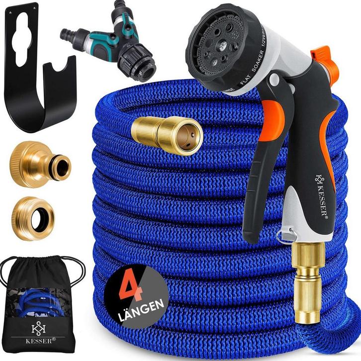 Flexibele Tuinslang - Inc. sproeikop - 15 meter - Blauw, Huis en Inrichting, Woonaccessoires | Overige, Zo goed als nieuw, Verzenden