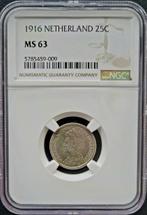 Koningin Wilhelmina 25 cent 1916 MS63 NGC gecertificeerd, Zilver, Losse munt, Verzenden