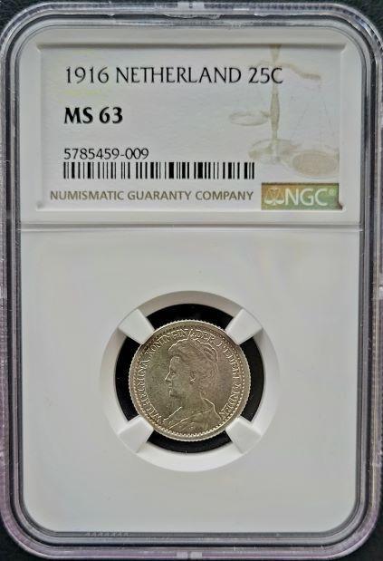 Koningin Wilhelmina 25 cent 1916 MS63 NGC gecertificeerd, Postzegels en Munten, Munten | Nederland, Losse munt, Zilver, Verzenden