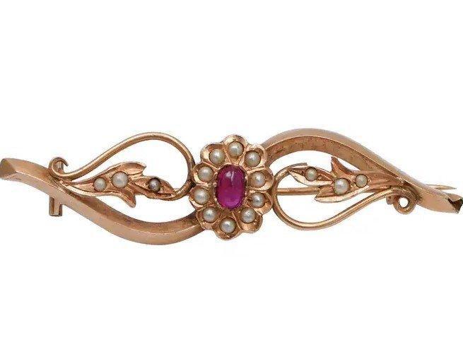 Broche - 18 karaat Roségoud Parel - Robijn, Sieraden, Tassen en Uiterlijk, Antieke sieraden