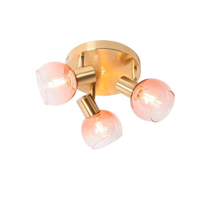 Art Deco plafondspot goud met roze glas 3-lichts - Vidro, Huis en Inrichting, Lampen | Spots, Nieuw, Overige materialen