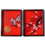 Ksavera - Japanese birds J364 - red diptych in frame, Antiek en Kunst