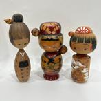 sculptuur, Three retro Kokeshi dolls,Hand Made Folk Art From