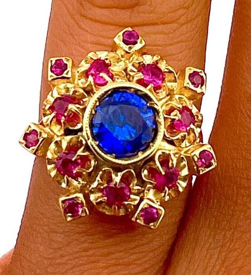 Zonder Minimumprijs - Ring - 9 kt. Geel goud, Zilver Saffier, Sieraden, Tassen en Uiterlijk, Ringen
