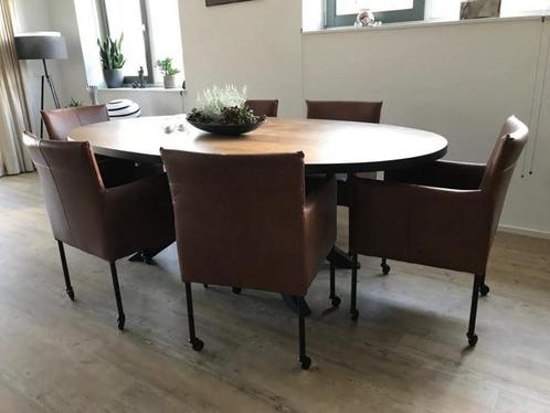 Set van 6 leren kuip eetkamerstoelen - met wieltjes - bruin, Huis en Inrichting, Stoelen, Overige kleuren, Nieuw, Leer, Ophalen of Verzenden