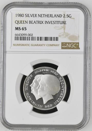 Koningin Beatrix zilveren 2 1/2 Gulden 1980 Inhuldiging MS65 beschikbaar voor biedingen