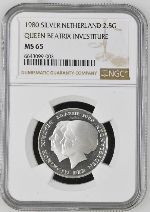 Koningin Beatrix zilveren 2 1/2 Gulden 1980 Inhuldiging MS65, Postzegels en Munten, Munten | Nederland, Losse munt, Koningin Juliana