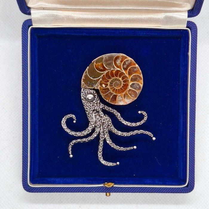 Argento 925. - Broche - Ammoniet fossiel., Antiek en Kunst, Curiosa en Brocante