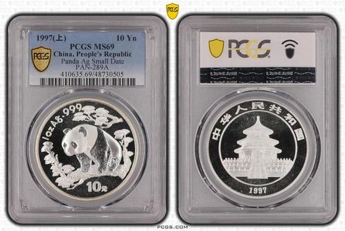 Chinese Panda 1 oz 1997 Small Date PCGS MS69 (pop 278/6), Postzegels en Munten, Munten | Azië, Oost-Azië, Losse munt, Zilver, Verzenden